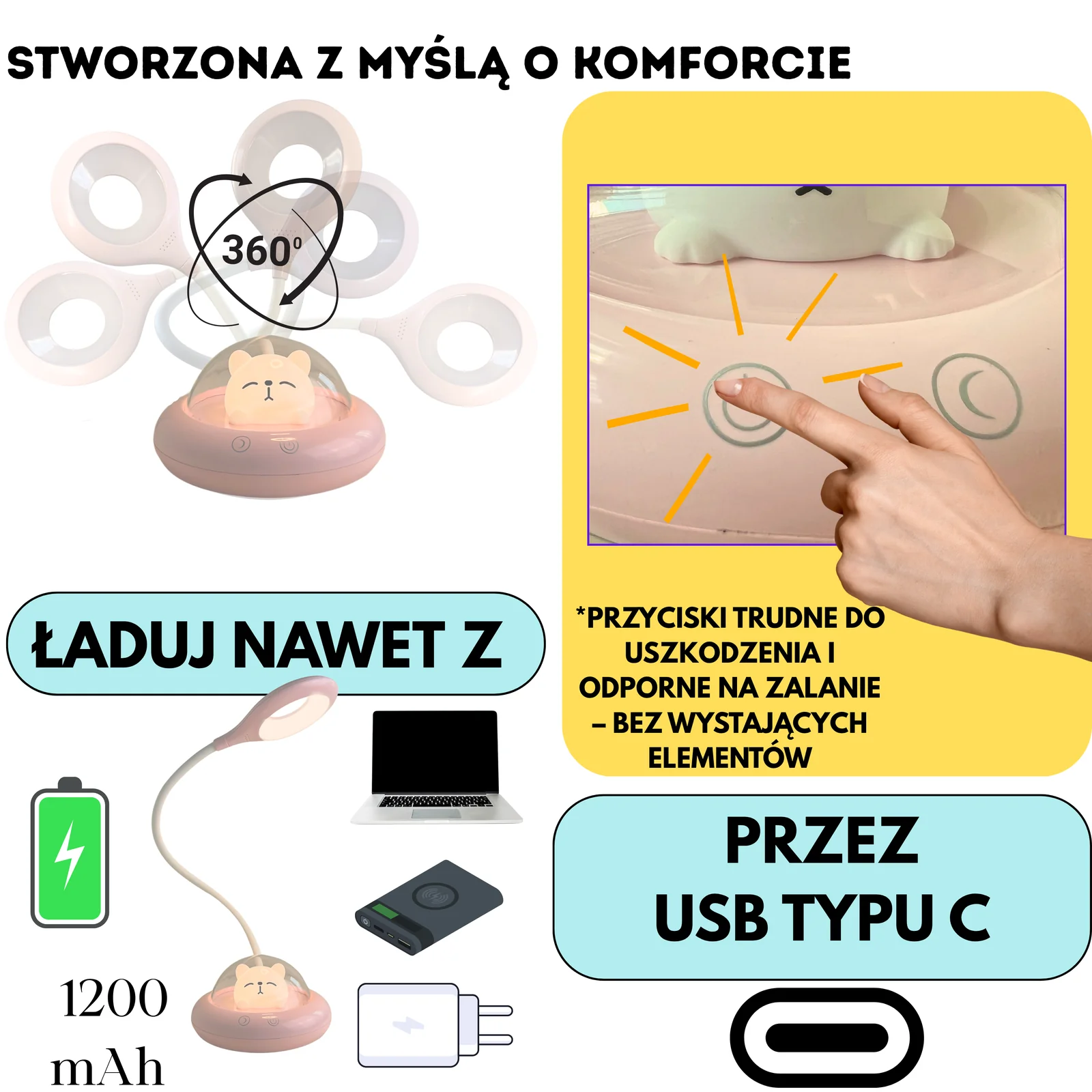 Lampka biurkowo-nocna Statek Kosmiczny LED, Lampka biurkowa 2w1. Zmienna jasność; neutralna barwa światła. Ładowanie przez kabel Type C.