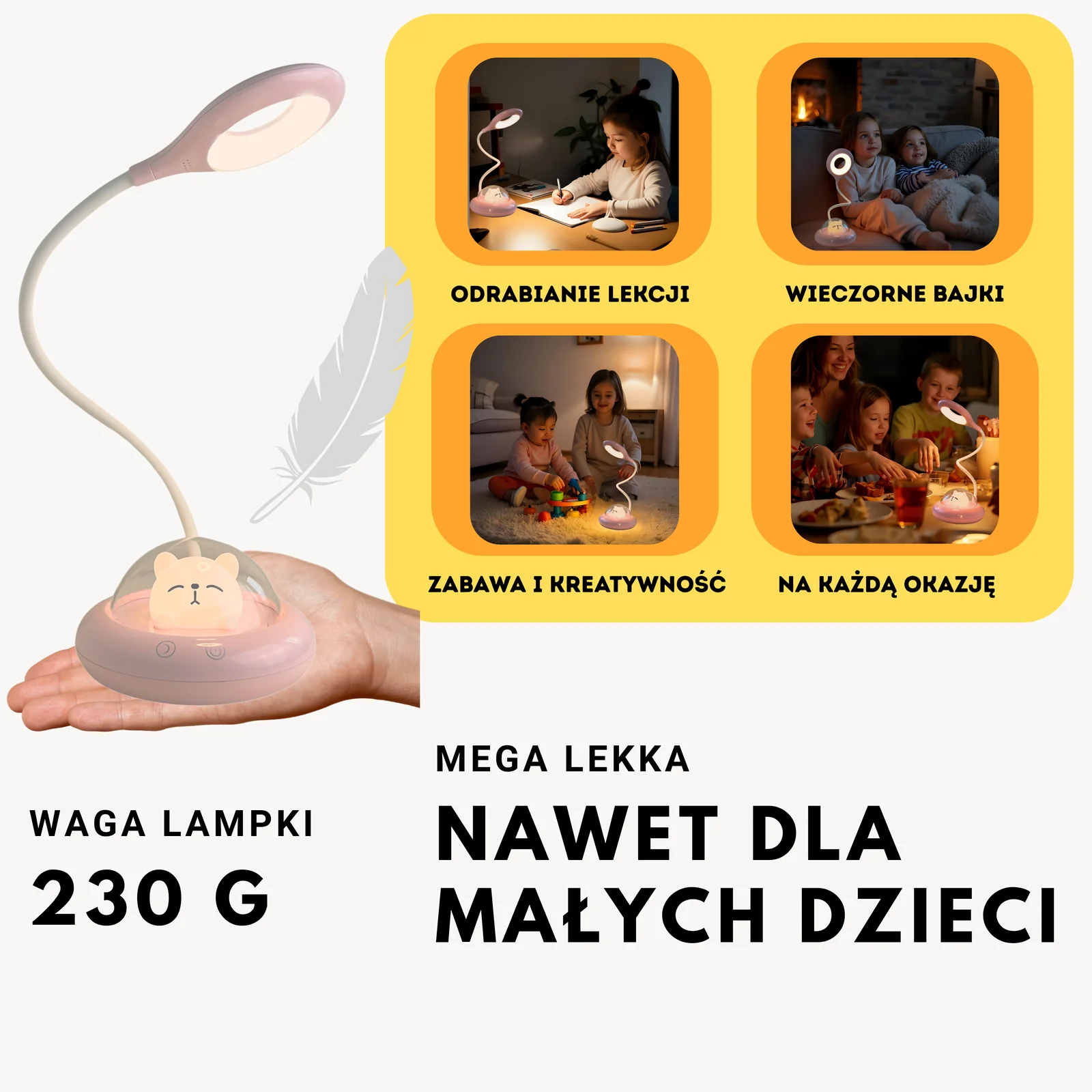 Lampka biurkowo-nocna Statek Kosmiczny LED, Lampka biurkowa 2w1. Zmienna jasność; neutralna barwa światła. Ładowanie przez kabel Type C.