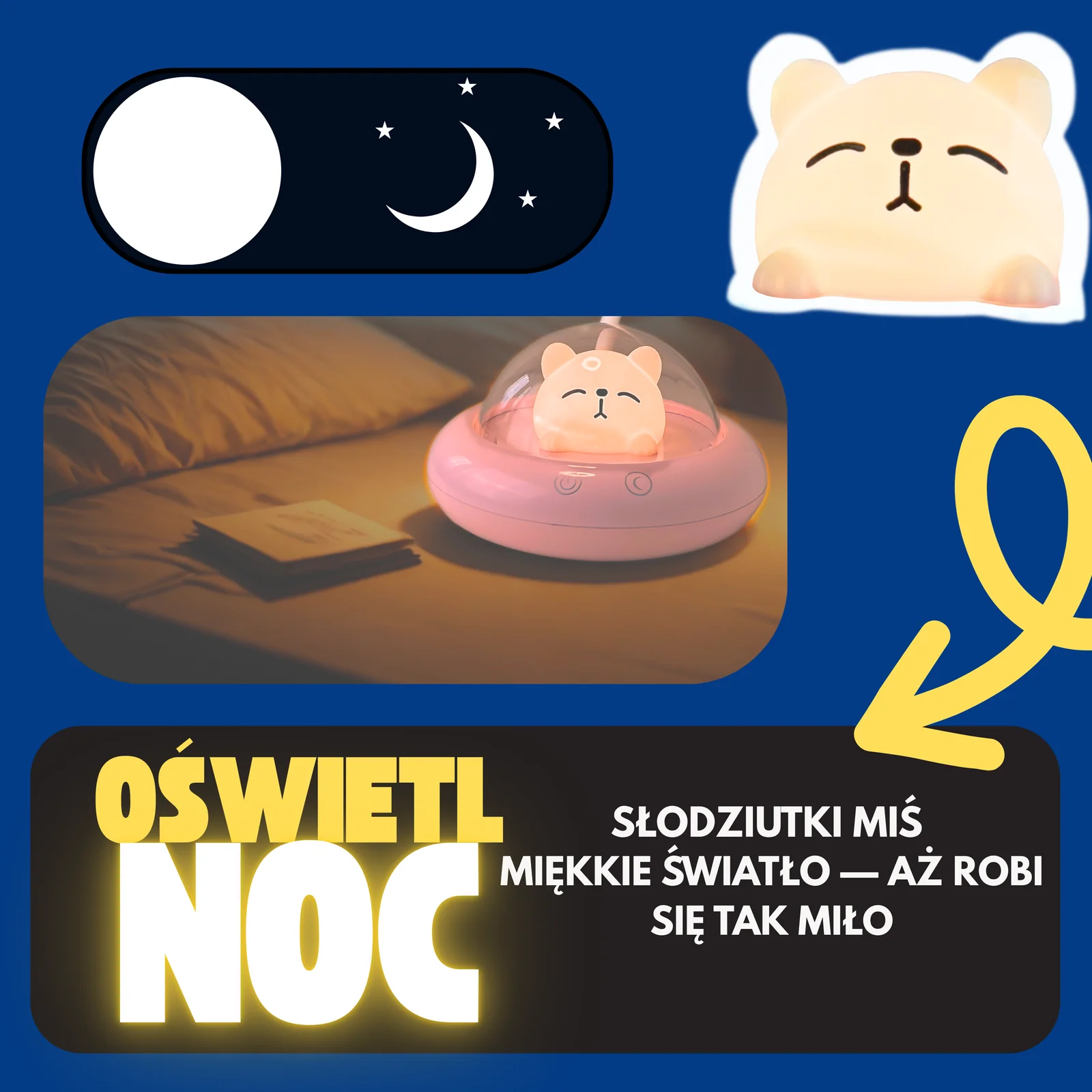 Lampka biurkowo-nocna Statek Kosmiczny LED, Lampka biurkowa 2w1. Zmienna jasność; neutralna barwa światła. Ładowanie przez kabel Type C.