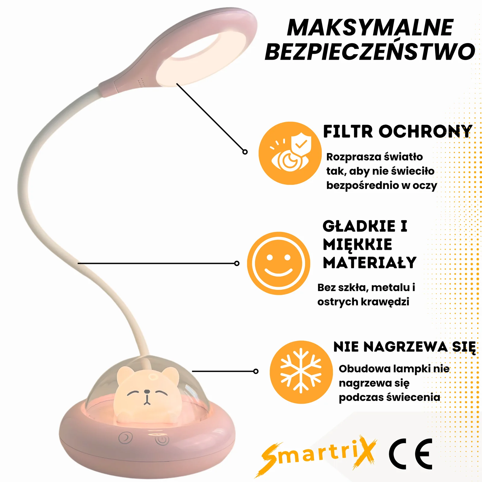 Lampka biurkowo-nocna Statek Kosmiczny LED, Lampka biurkowa 2w1. Zmienna jasność; neutralna barwa światła. Ładowanie przez kabel Type C.
