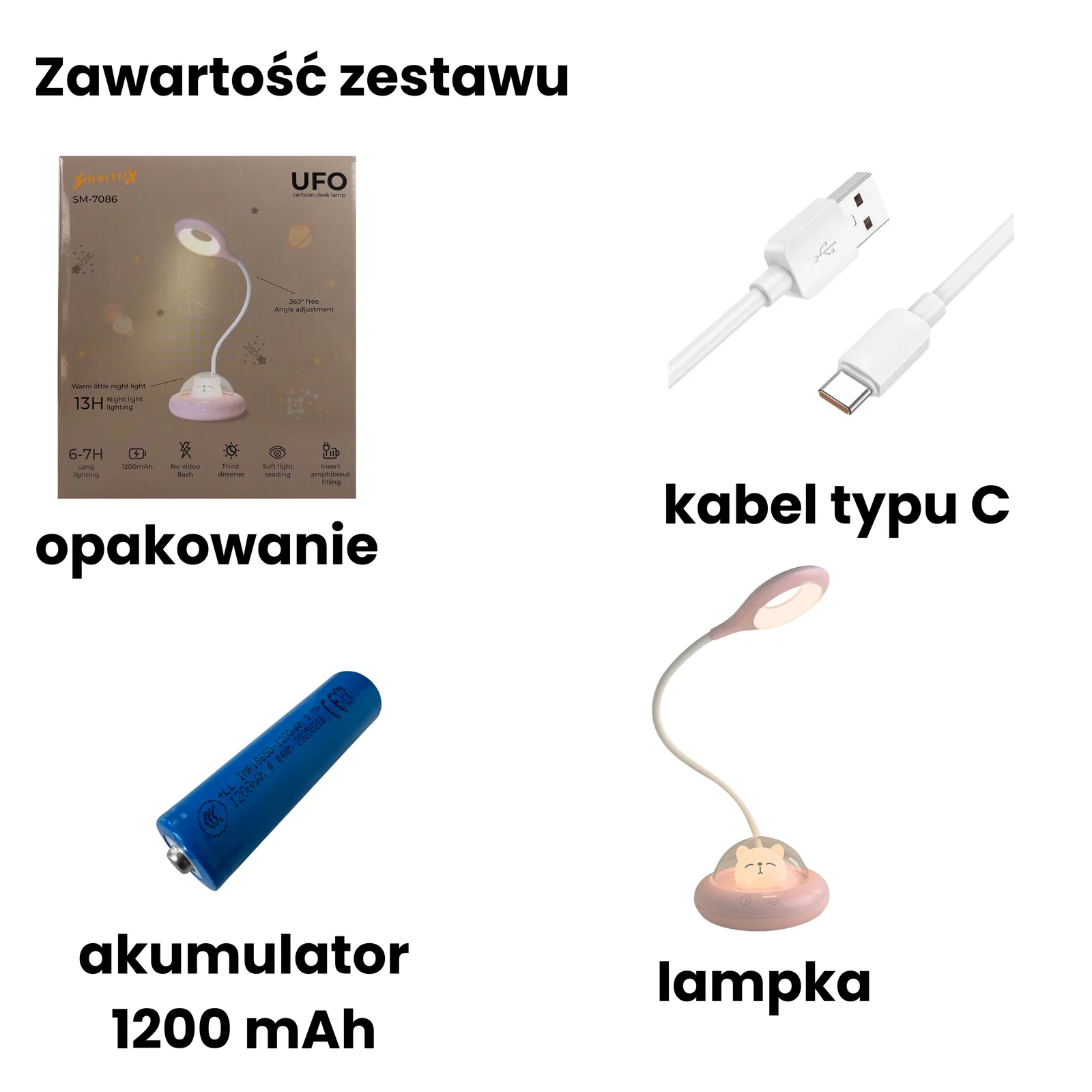 Lampka biurkowo-nocna Statek Kosmiczny LED, Lampka biurkowa 2w1. Zmienna jasność; neutralna barwa światła. Ładowanie przez kabel Type C.