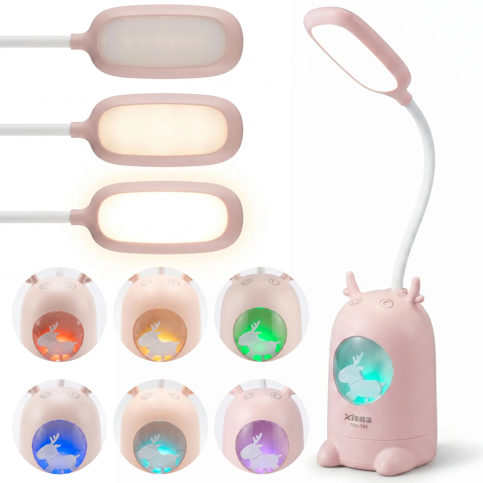 Lampka biurkowo-nocna Renifer LED, Lampka biurkowa 2w1. Zmienna jasność; gradient w lampce nocnej. Ładowanie przez kabel micro USB.