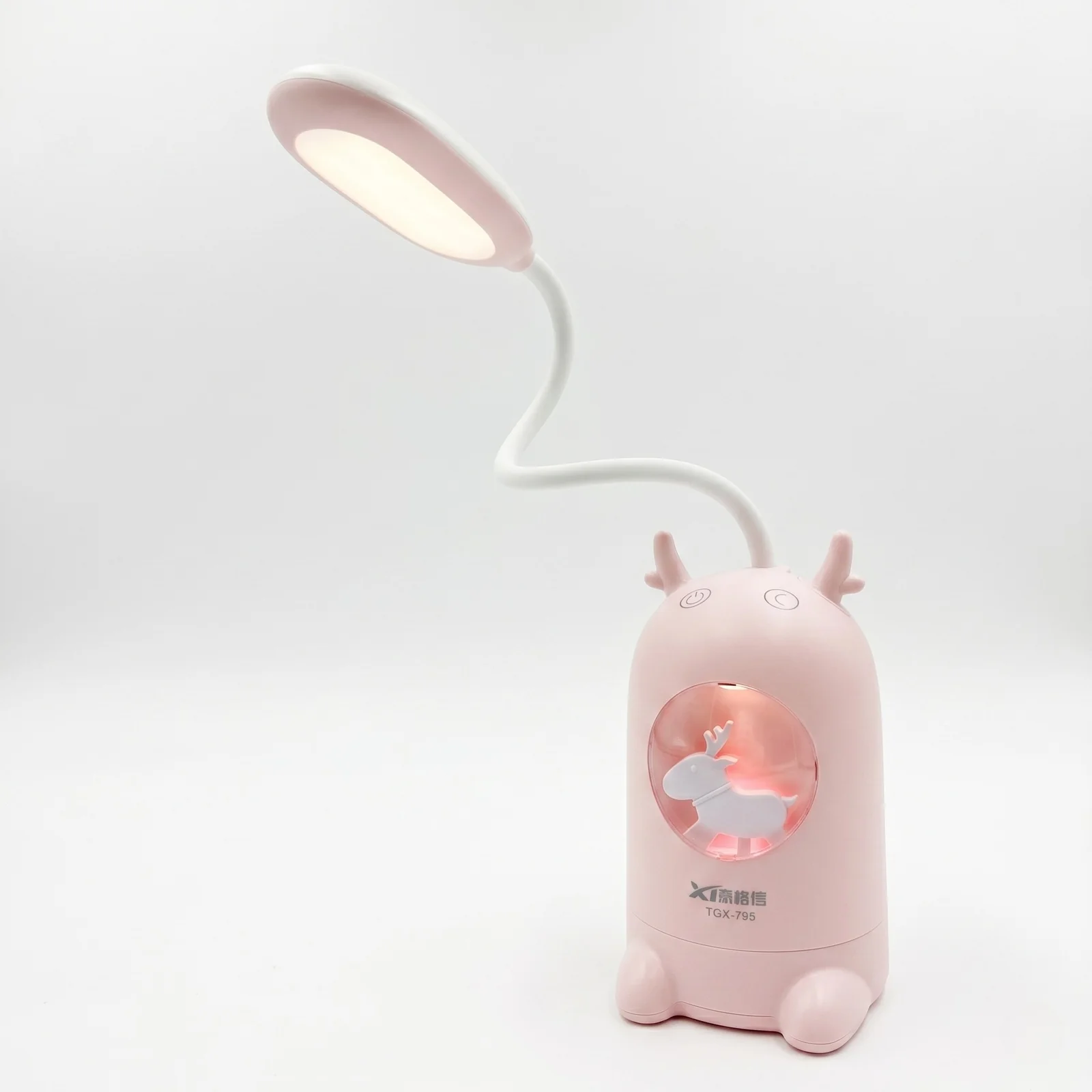 Lampka biurkowo-nocna Renifer LED, Lampka biurkowa 2w1. Zmienna jasność; gradient w lampce nocnej. Ładowanie przez kabel micro USB.