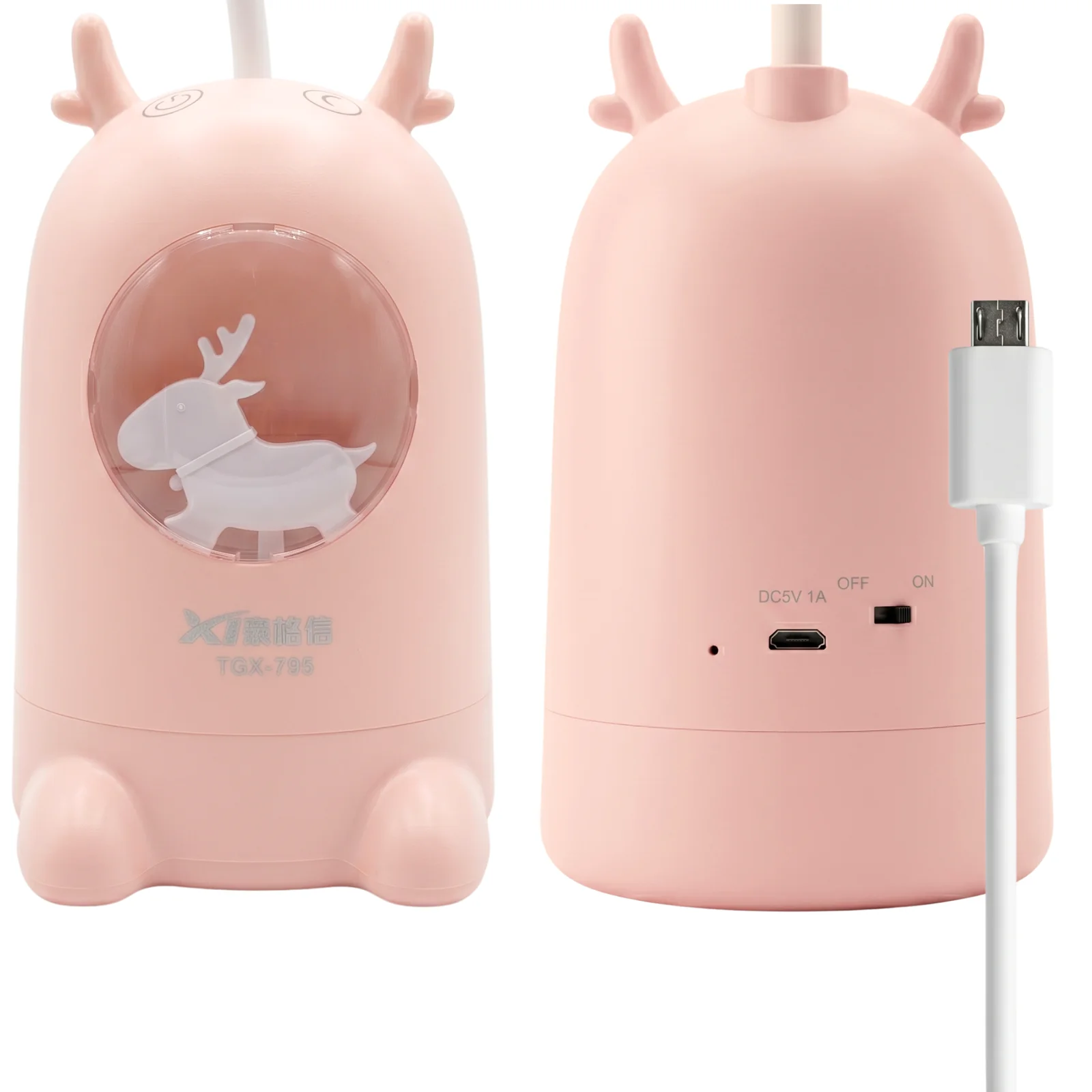 Lampka biurkowo-nocna Renifer LED, Lampka biurkowa 2w1. Zmienna jasność; gradient w lampce nocnej. Ładowanie przez kabel micro USB.