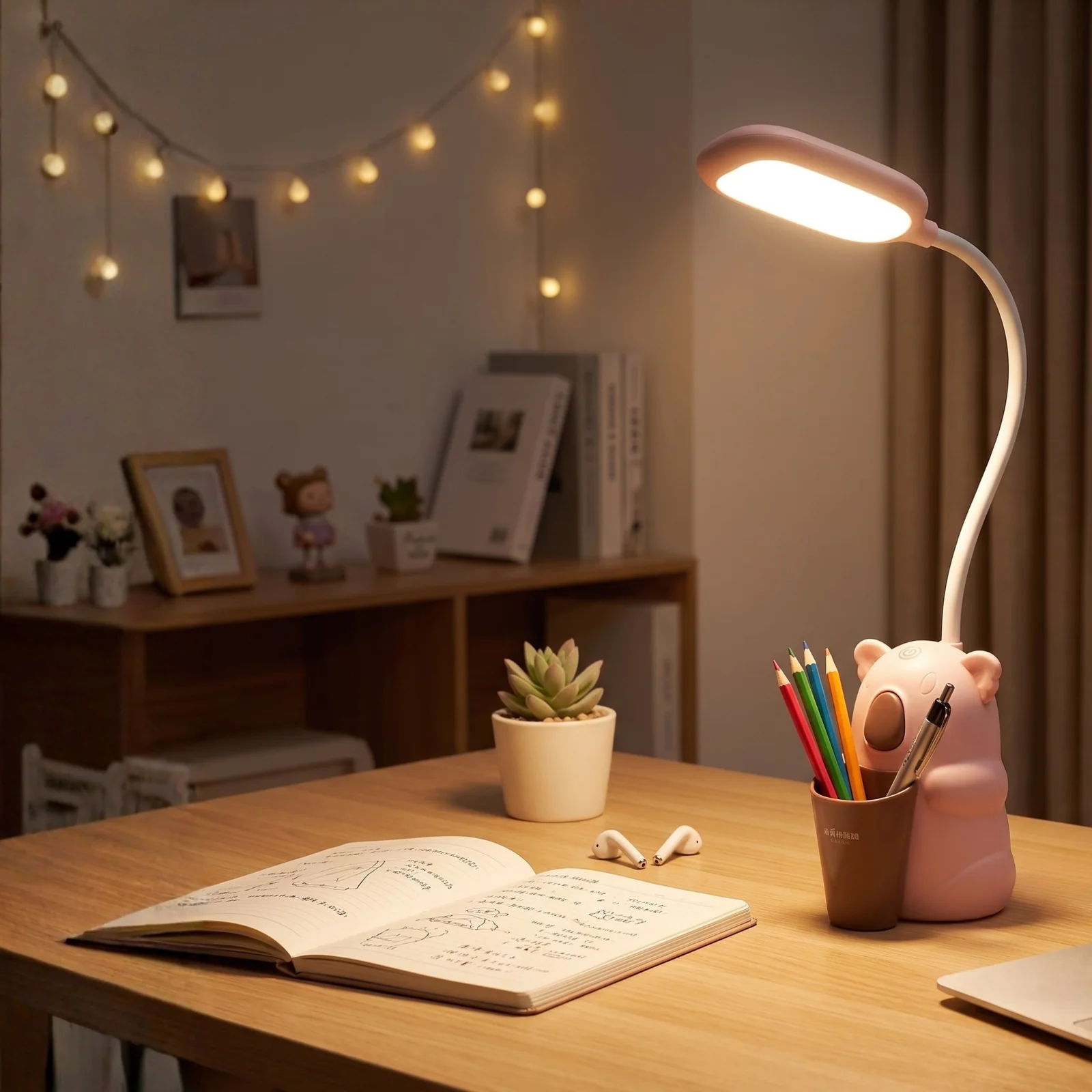 Lampka biurkowa dziecięca Koala LED, Lampka biurkowa dziecięca. 3 tryby jasności 250 Lm; neutralna barwa światła. Pojemniczek na artykuły szkolne