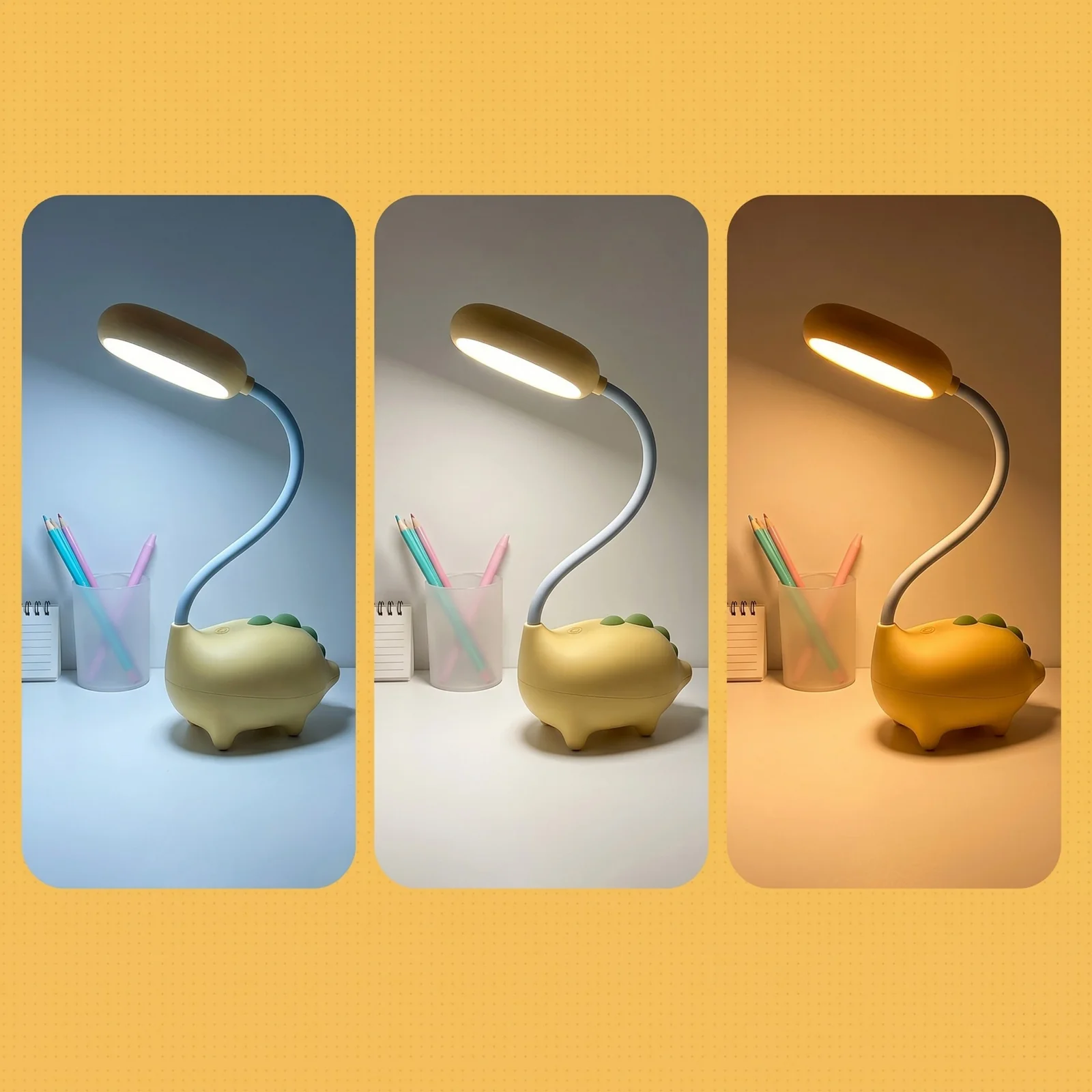 Lampka biurkowa Dino LED, Lampka na biurko dla dzieci. Zmienna jasność oraz barwa światła. Ładowanie przez kabel micro USB.