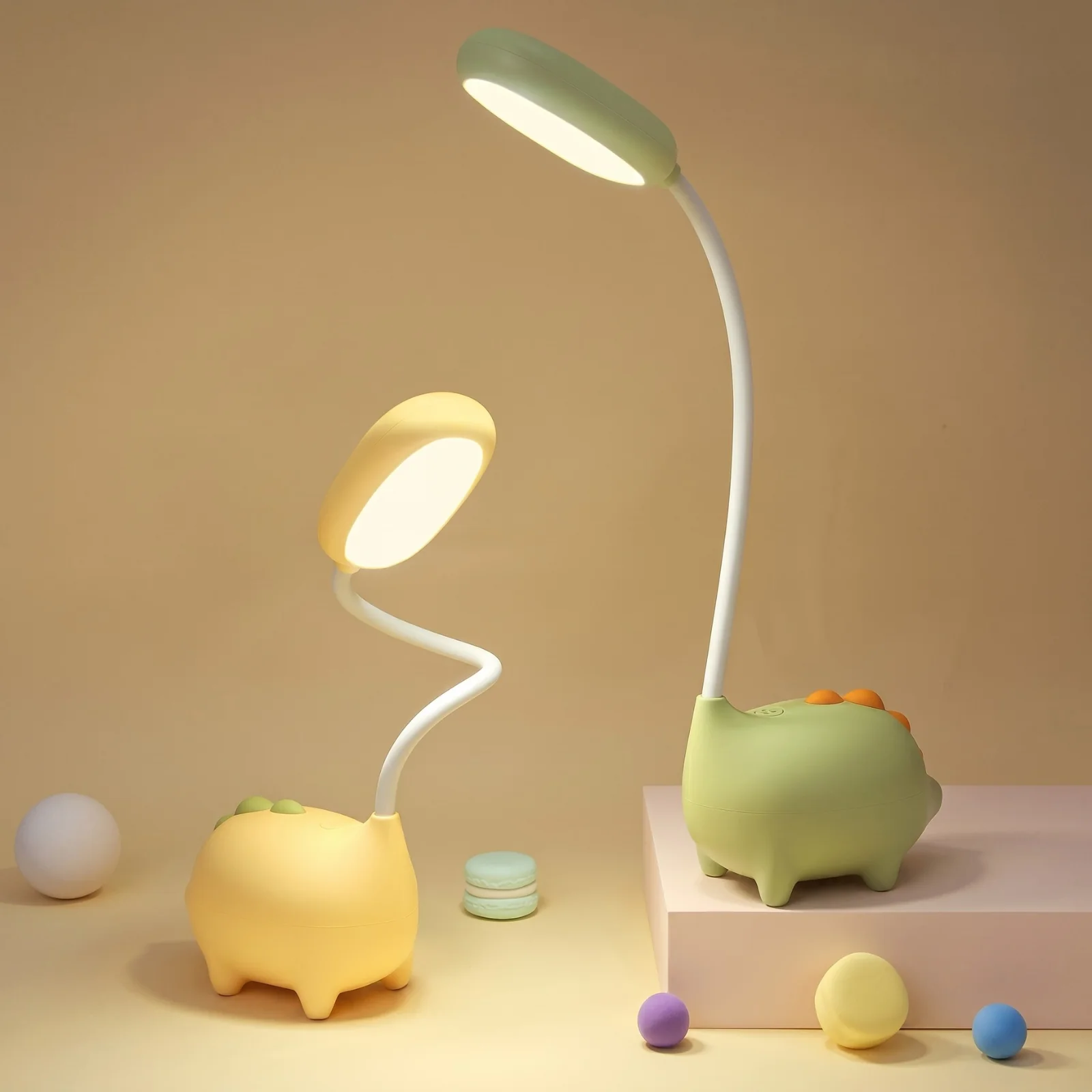 Lampka biurkowa Dino LED, Lampka na biurko dla dzieci. Zmienna jasność oraz barwa światła. Ładowanie przez kabel micro USB.