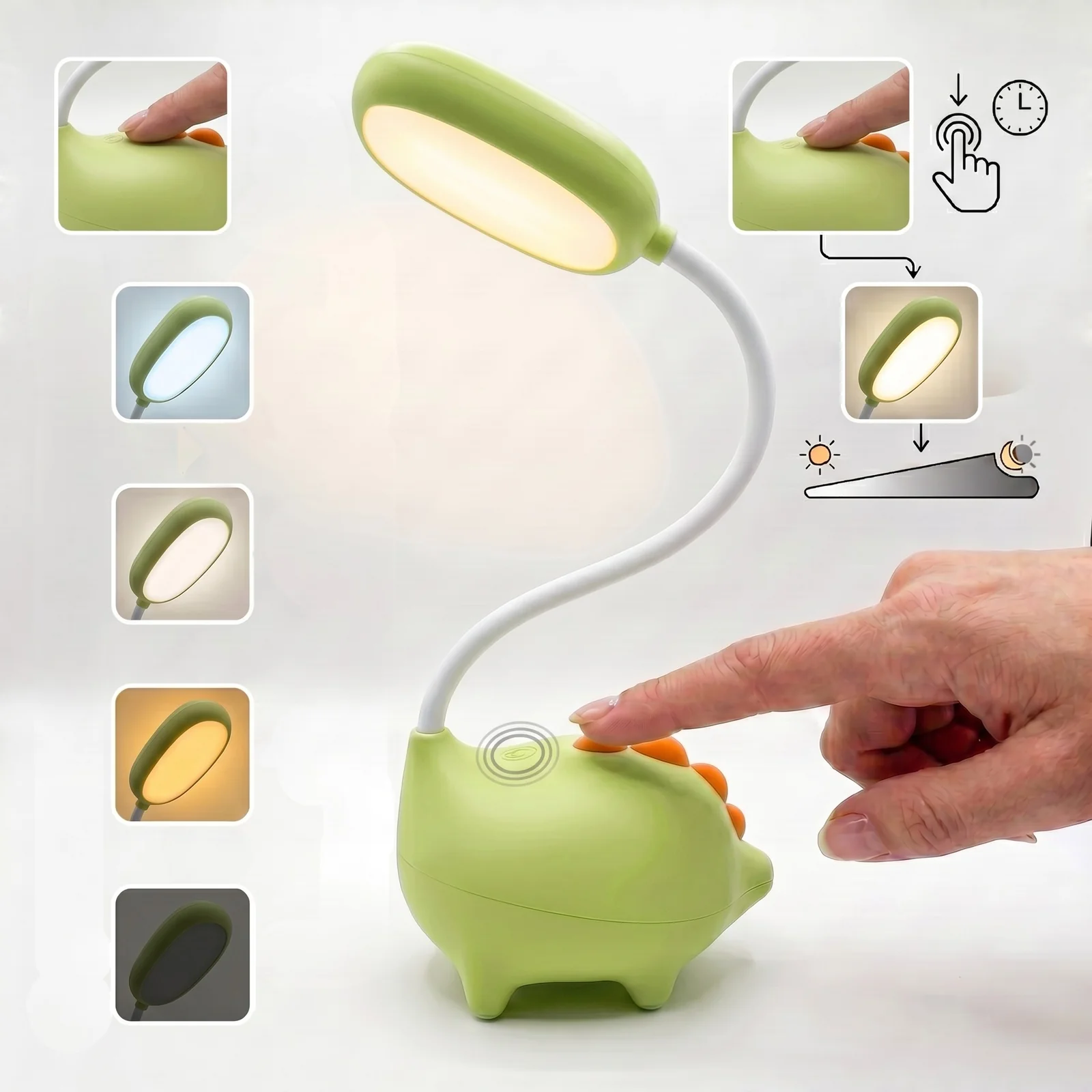 Lampka biurkowa Dino LED, Lampka na biurko dla dzieci. Zmienna jasność oraz barwa światła. Ładowanie przez kabel micro USB.