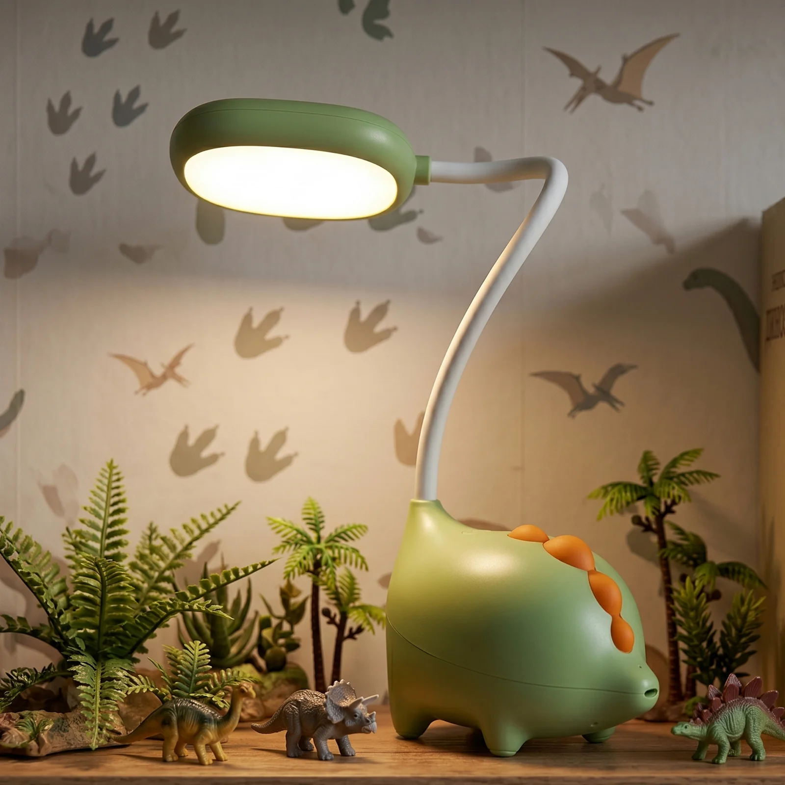 Lampka biurkowa Dino LED, Lampka na biurko dla dzieci. Zmienna jasność oraz barwa światła. Ładowanie przez kabel micro USB.