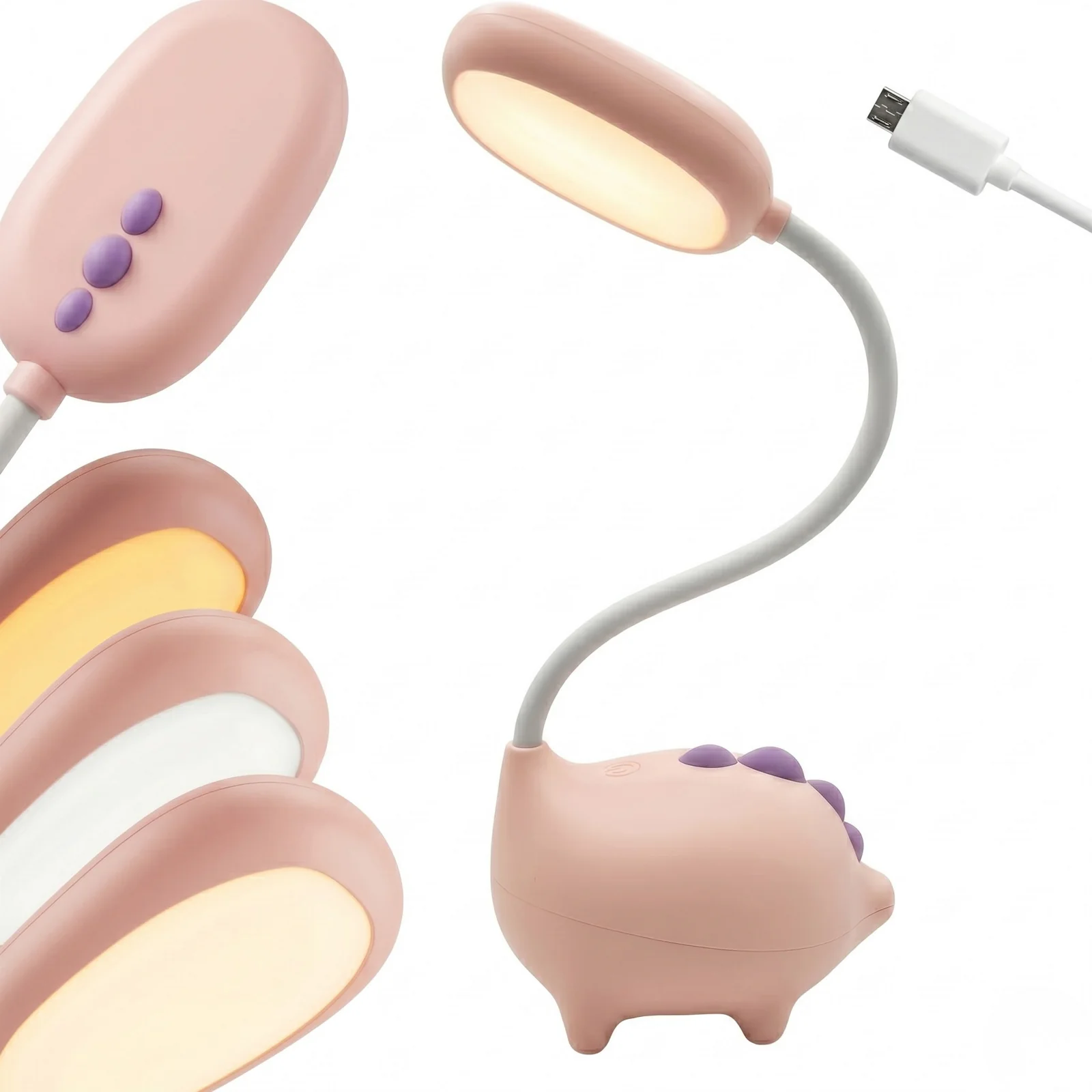 Lampka biurkowa Dino LED, Lampka na biurko dla dzieci. Zmienna jasność oraz barwa światła. Ładowanie przez kabel micro USB.