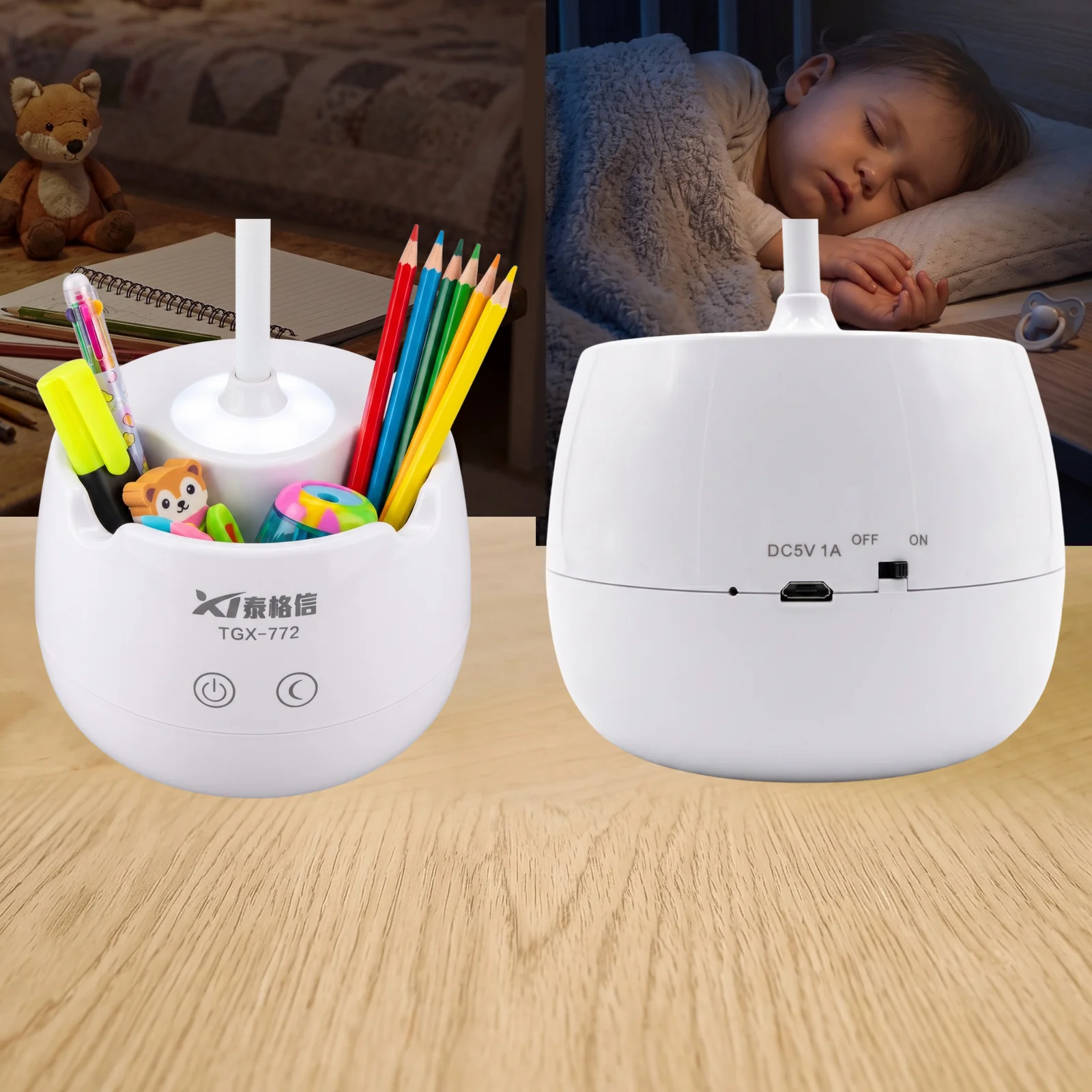 Lampka biurkowo-nocna pojemnik TGX-722 LED, Lampka biurkowa dziecięca z pojemniczkiem na artykuły szkolne. Zmienna jasność; mieszana barwa światła.