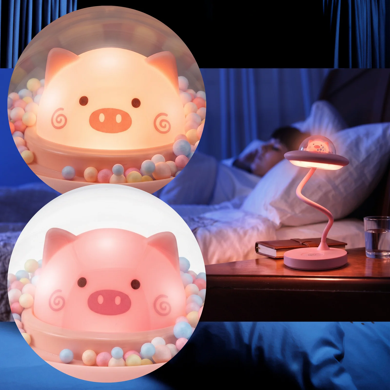 Lampka biurkowa z lampką nocną UFO LED, Lampka biurkowa 2w1 . Zmienna jasność; ciepła barwa światła. Ładowanie przez kabel micro USB.