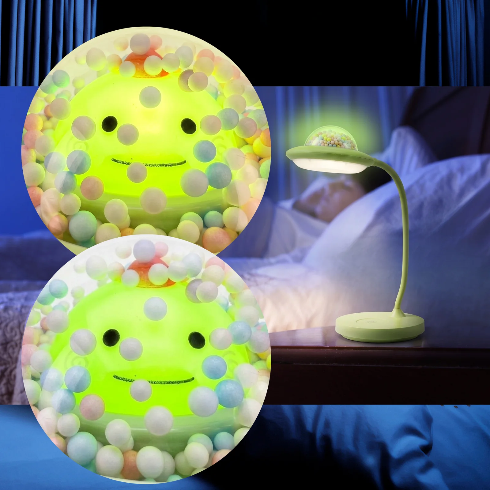 Lampka biurkowa z lampką nocną UFO LED, Lampka biurkowa 2w1 . Zmienna jasność; ciepła barwa światła. Ładowanie przez kabel micro USB.
