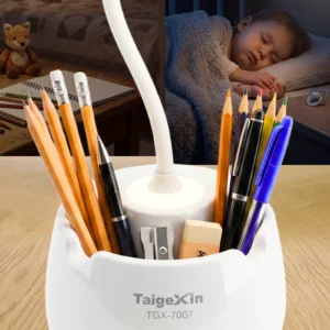 Lampka biurkowo-nocna dziecięca TGX-7007 LED, Lampka biurkowa dziecięca z kablem type-c. Zmienna jasność; zimna barwa światła. Pojemniczek na artykuły szkolne