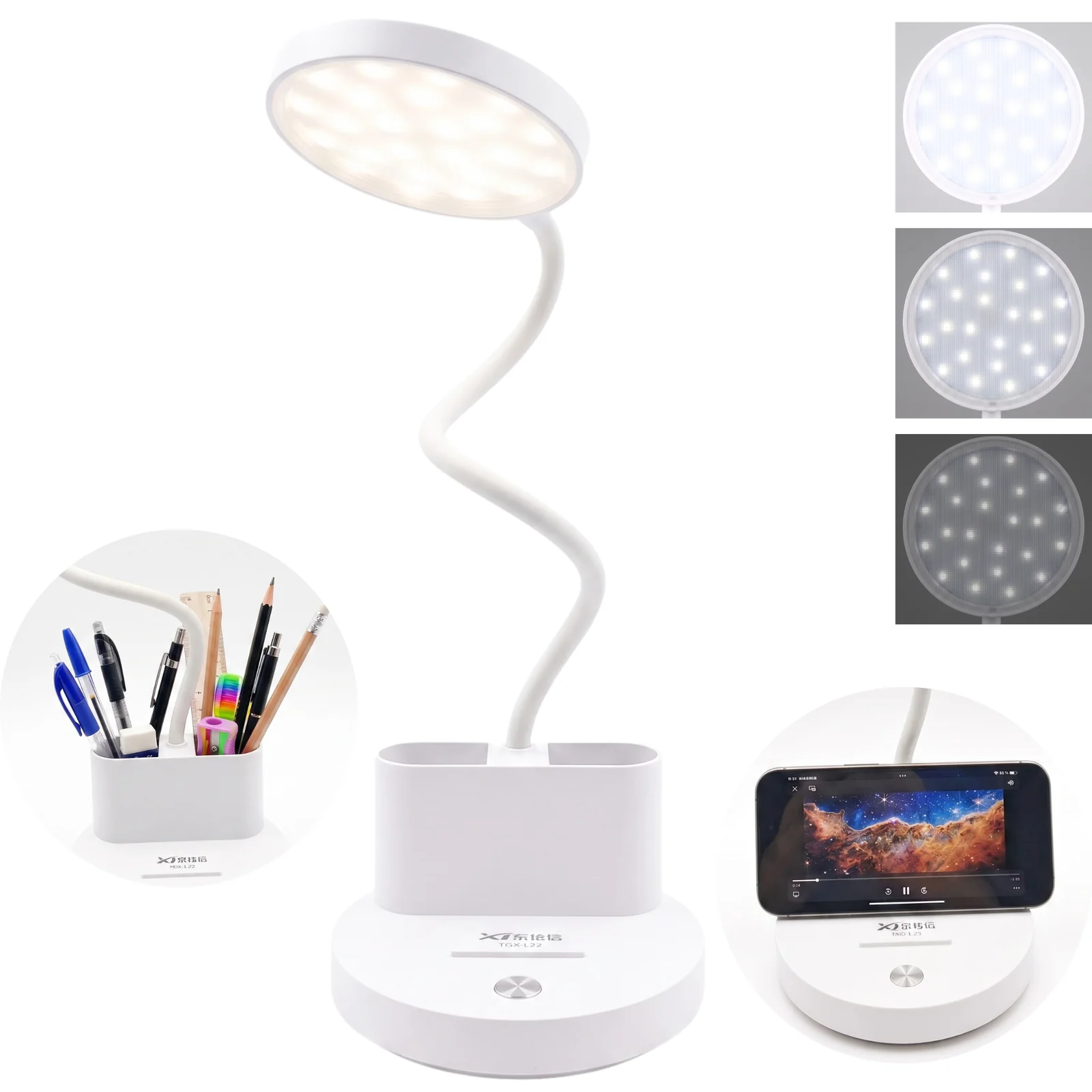 Lampka biurkowa dziecięca TGX-L22 LED, Lampka biurkowa dziecięca z kablem type-c. Zmienna jasność; zimna barwa światła. Pojemniczek na artykuły szkolne