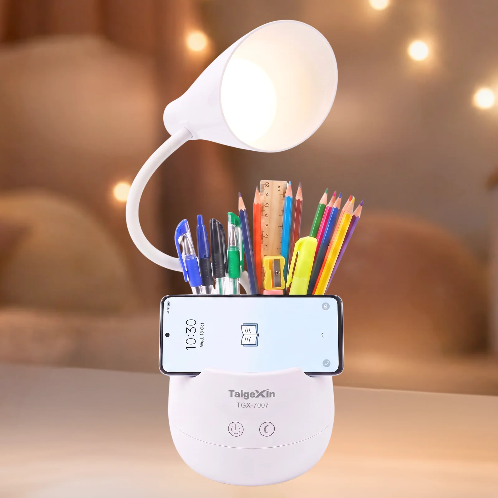 Lampka biurkowo-nocna dziecięca TGX-7007 LED, Lampka biurkowa dziecięca z kablem type-c. Zmienna jasność; zimna barwa światła. Pojemniczek na artykuły szkolne
