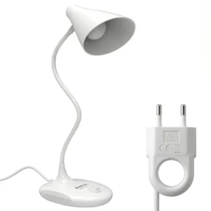 Lampa na biurko LED z wtyczką, Lampka biurkowa z jednym przyciskiem. dziecięca. 1 tryb jasności; Bardzo mocna jasność oraz zimna barwa światła. Stabilna konstrukcja.