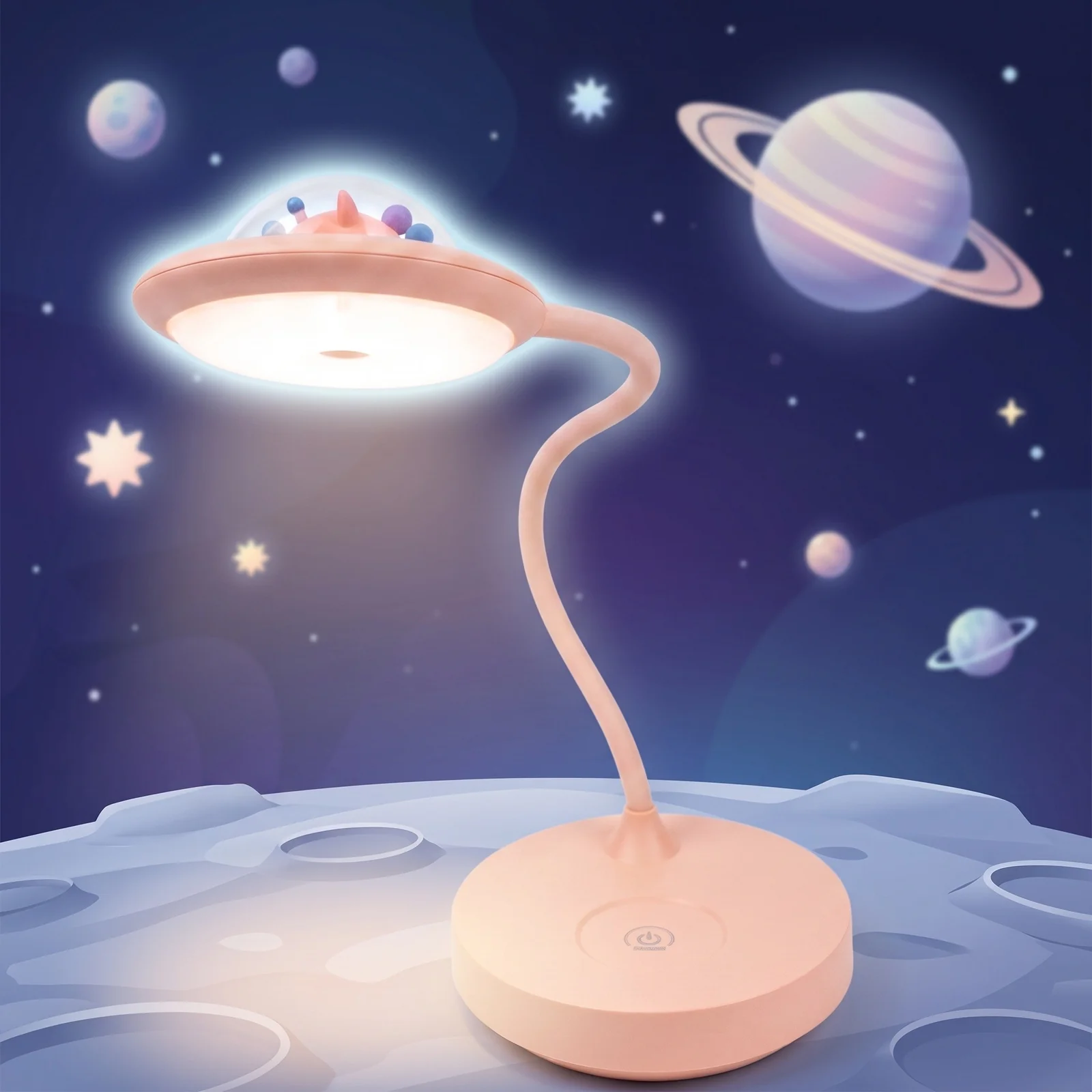 Lampka biurkowa z lampką nocną UFO LED, Lampka biurkowa 2w1 . Zmienna jasność; ciepła barwa światła. Ładowanie przez kabel micro USB.