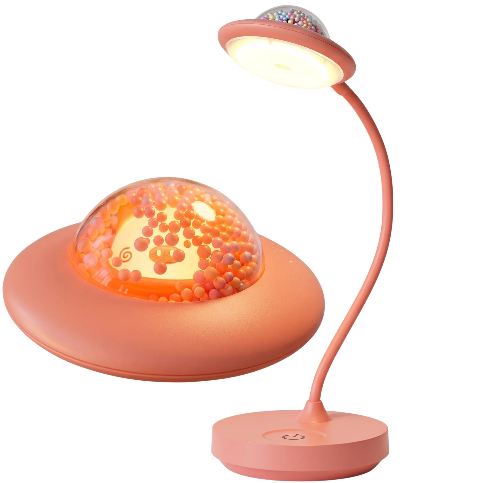 Lampka biurkowa z lampką nocną UFO LED, Lampka biurkowa 2w1 . Zmienna jasność; ciepła barwa światła. Ładowanie przez kabel micro USB.
