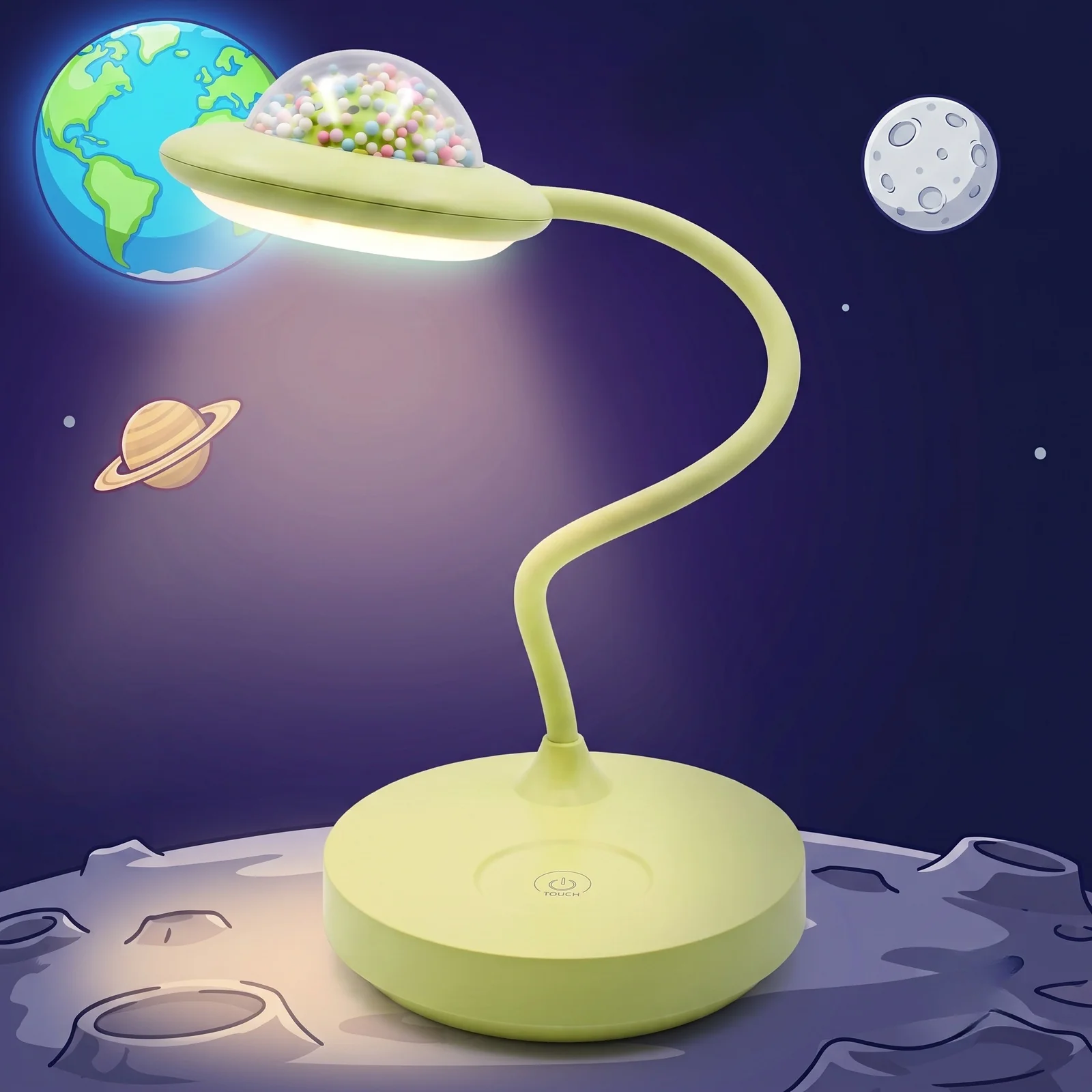 Lampka biurkowa z lampką nocną UFO LED, Lampka biurkowa 2w1 . Zmienna jasność; ciepła barwa światła. Ładowanie przez kabel micro USB.
