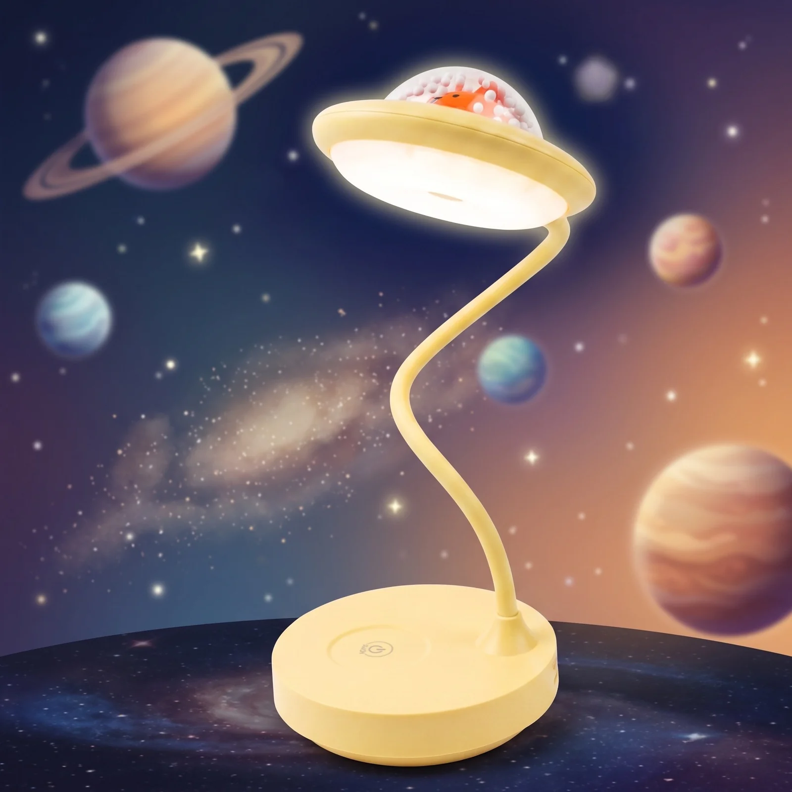 Lampka biurkowa z lampką nocną UFO LED, Lampka biurkowa 2w1 . Zmienna jasność; ciepła barwa światła. Ładowanie przez kabel micro USB.