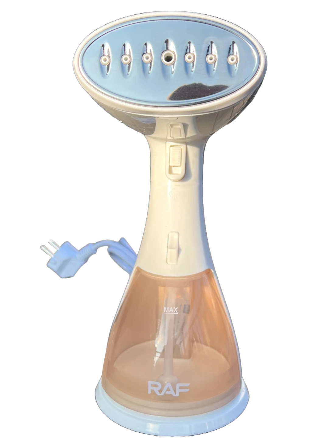 Steamer RAF R1214B 1500W Ręczny Steamer RAF R1214B 1500W, Szybkie nagrzewanie – 35 s, Usuwa zagniecenia, zapachy, kłaczki, Do delikatnych tkanin, zasłon, ubrań, Zbiornik 300 ml