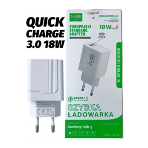 Szybka ładowarka 18W M2-TEC CX-94 z technologią Quick Charge 3.0 USB-A – szybkie ładowanie. Napięcia: 5V/3A, 9V/2A, 12V/1.5A. Idealna do domu i podróży.