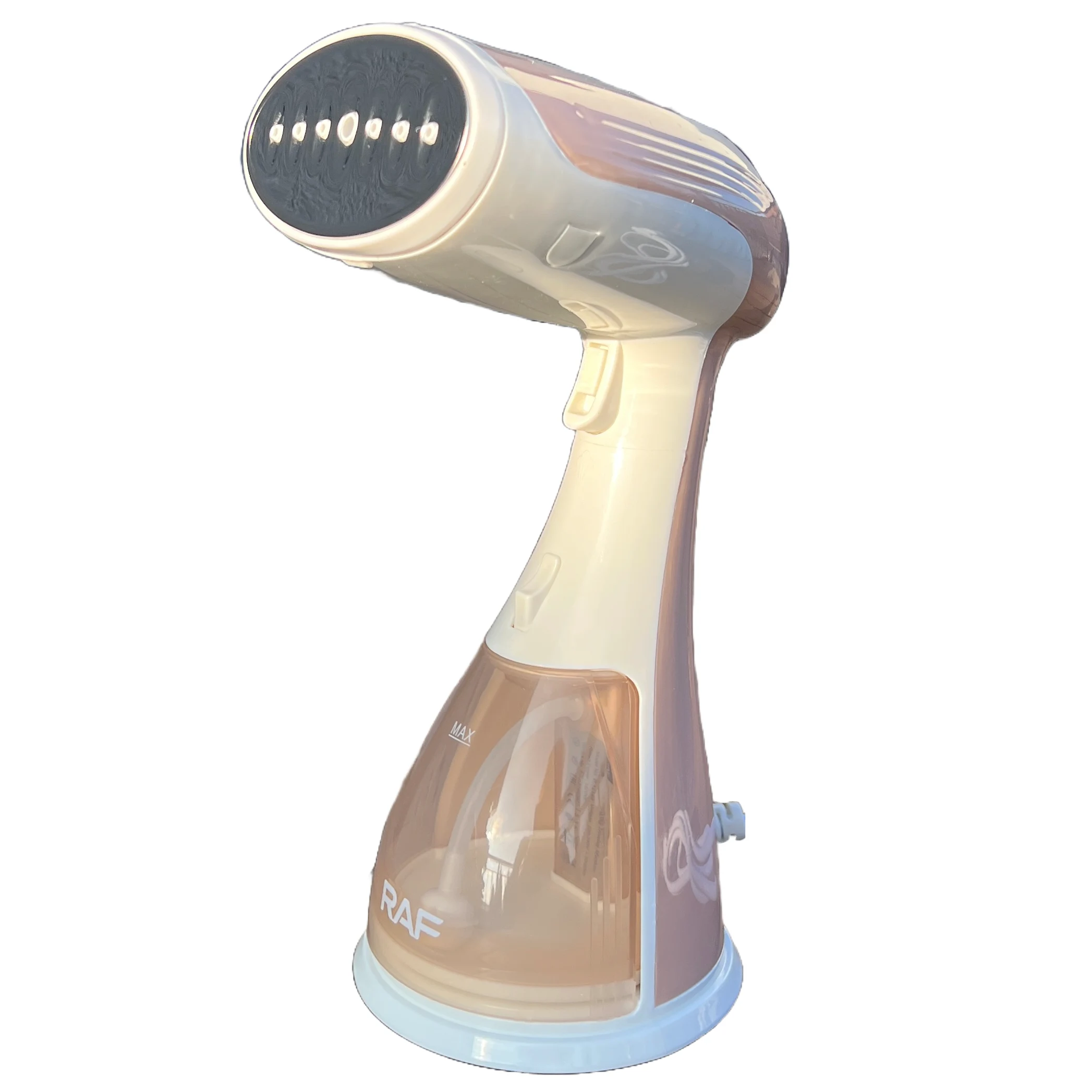 Steamer RAF R1214B 1500W Ręczny Steamer RAF R1214B 1500W, Szybkie nagrzewanie – 35 s, Usuwa zagniecenia, zapachy, kłaczki, Do delikatnych tkanin, zasłon, ubrań, Zbiornik 300 ml