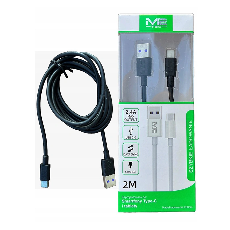 Kabel USB 2.0 Type-C 2m – szybkie ładowanie i transmisja danych. Idealny do smartfonów, tabletów, aparatów i więcej. Biały i czarny 2.4A.