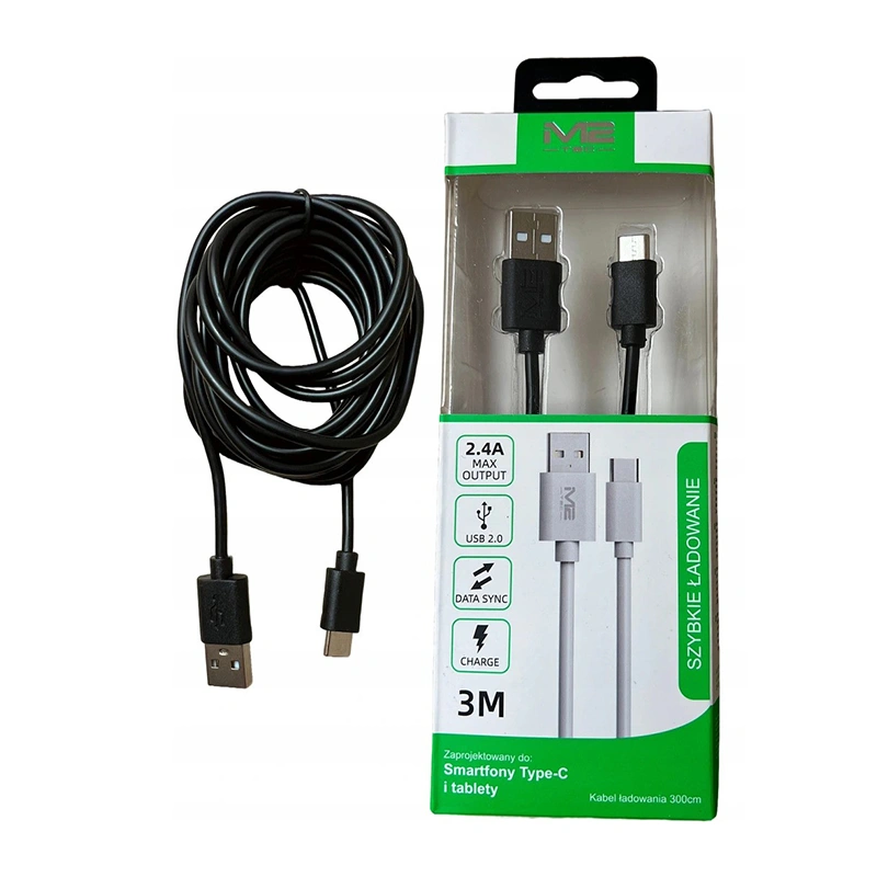 Kabel USB 2.0 Type-C 3m – szybkie ładowanie i transmisja danych. Idealny do smartfonów, tabletów, aparatów i więcej. Biały i czarny 2.4A.