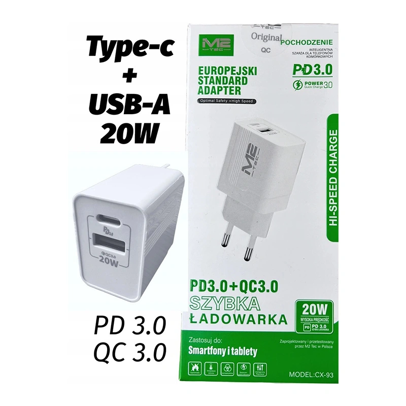 Szybka ładowarka 20W USB TYPE-C + USB-A z technologią QC 3.0 oraz PD 3.0. Napięcia: 5V/3A, 9V/2.22A, 12V/1.67A. Idealna do domu i podróży M2-TEC CX-93